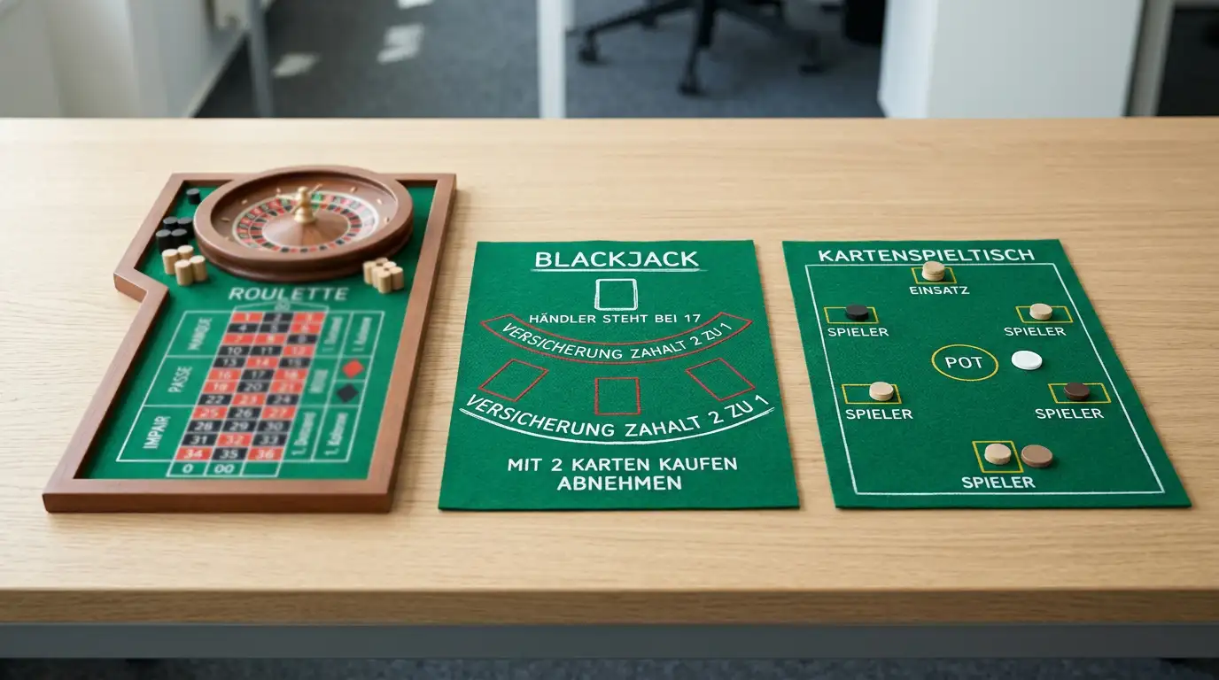 Symbolische Spieltische als Miniatur-Modelle, Roulette und Blackjack erkennbar, ordentlich aufgereiht, kein Personal, kein Glücksspiel-Glamour
