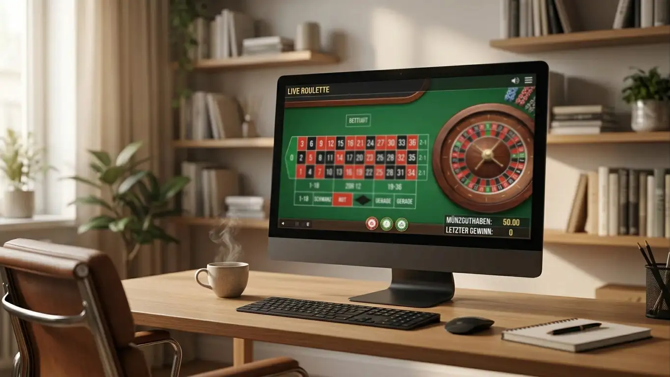 Live-Roulette-Tisch auf einem Monitor im ruhigen Arbeitszimmer