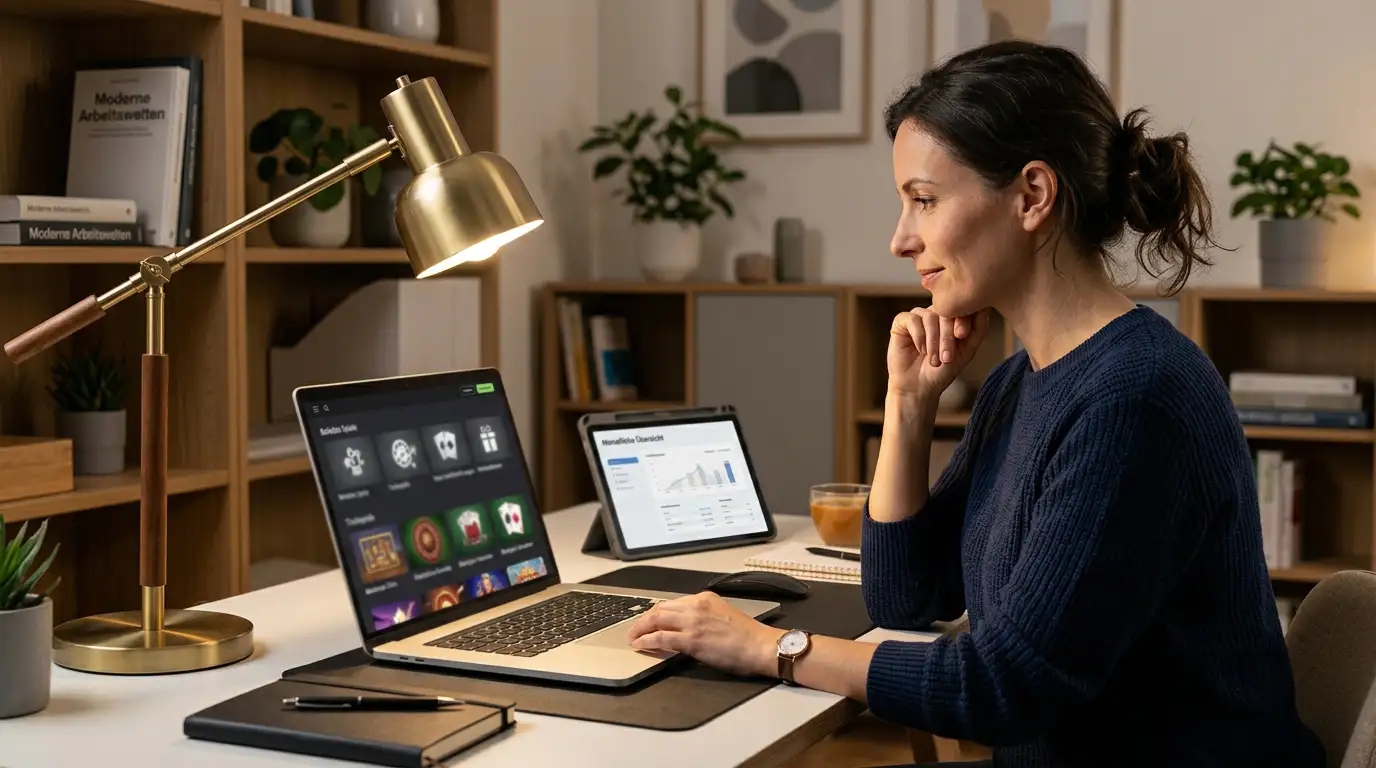 Person am Laptop mit zwei nebeneinander geöffneten Browserfenstern auf einem aufgeräumten Schreibtisch