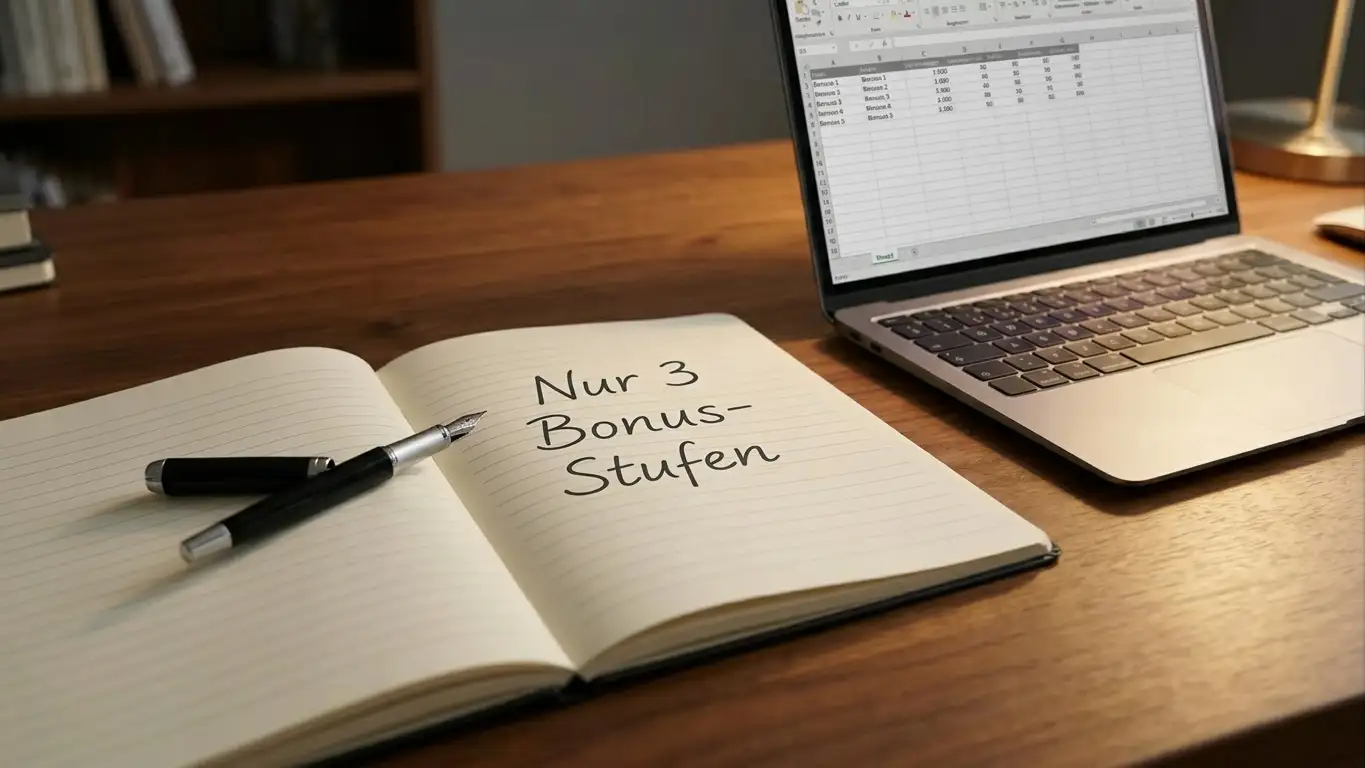 Offenes Notizbuch mit handgeschriebenen Bonus-Bedingungen, daneben ein aufgeklappter Laptop, Tageslicht