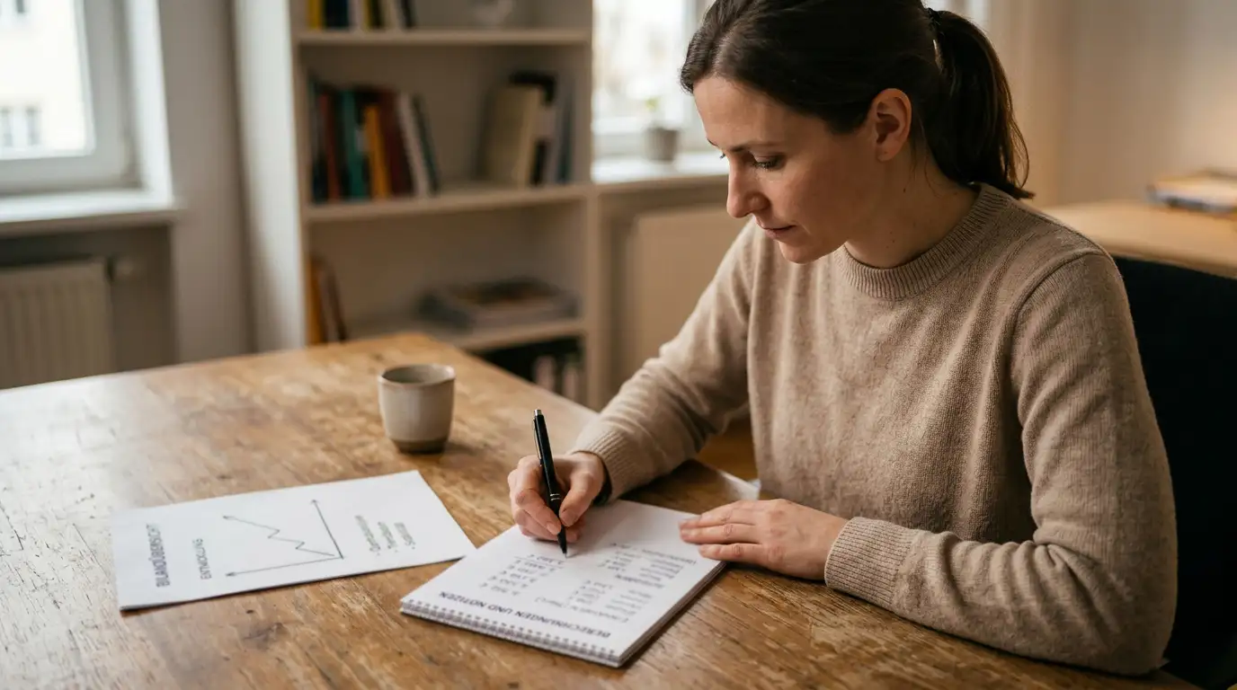 Person rechnet mit Stift und Notizblock den realen Wert eines Startguthabens aus