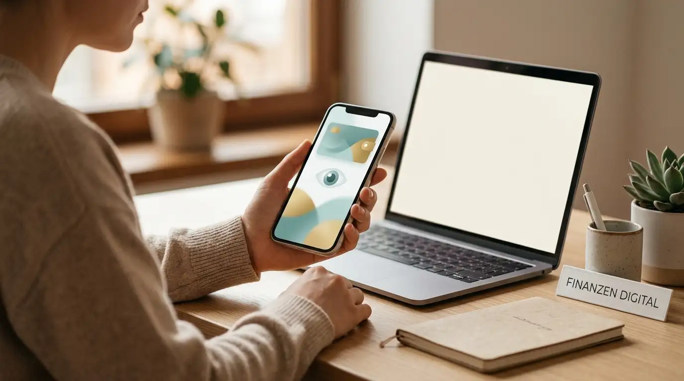Person an einem aufgeräumten Schreibtisch prüft eine Wallet-Oberfläche vor einer Krypto-Überweisung