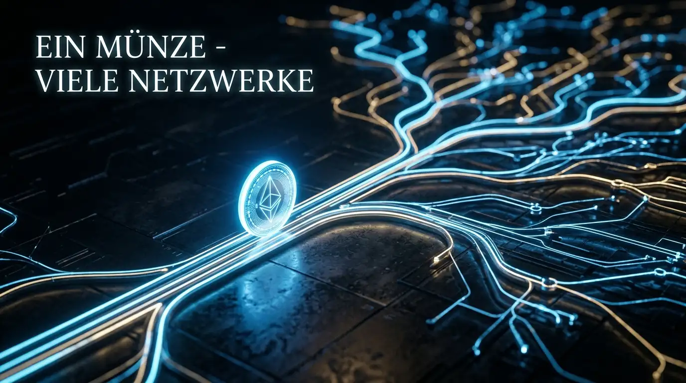 Verzweigte Blockchain-Wege als Sinnbild für die Netzwerkwahl bei einer USDC-Überweisung