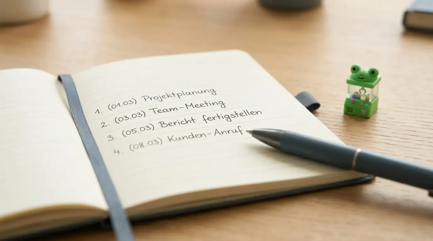 Stift und Notizbuch mit aufgelisteten Bonus-Tranchen und Zeitfenstern, dazu eine kleine Spielzeug-Greifarm-Büste