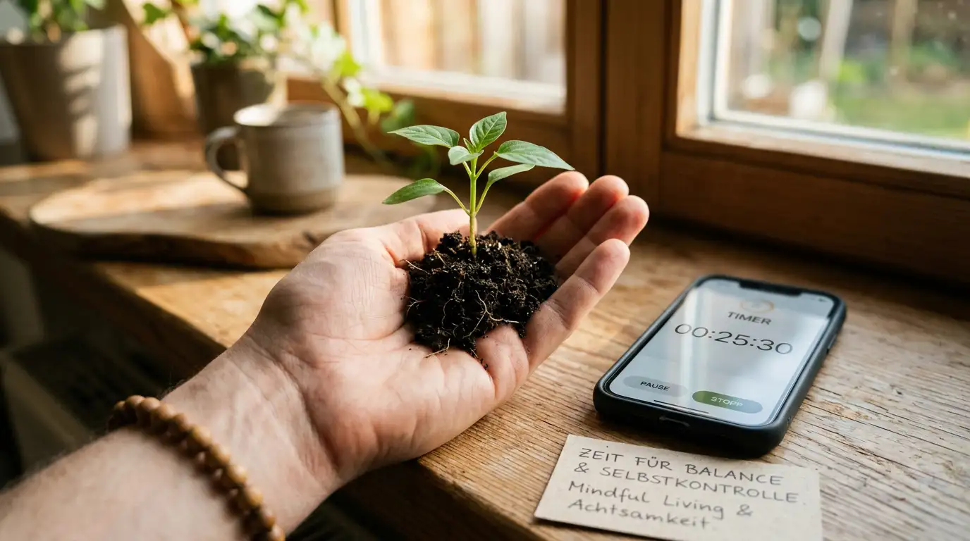 Offene Hand hält symbolisch eine kleine grüne Pflanze, daneben liegt ein Smartphone mit Timer-App, warmes natürliches Fensterlicht, konzeptionelle Fotografie über Balance und Selbstkontrolle, erdige Töne