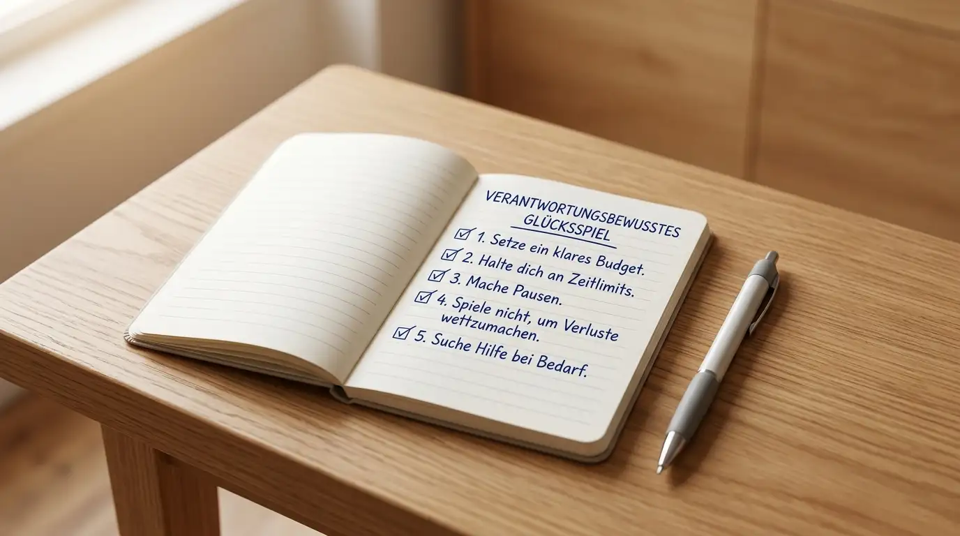 Notizbuch mit Stift und Hinweis­zettel zum verantwortungs­vollen Spielen