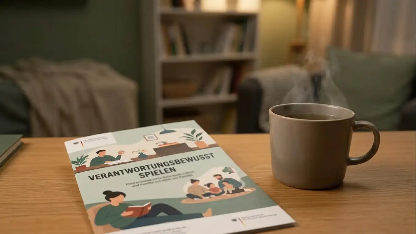 Verantwortungsvolles Spielen: BZgA-Informationsblatt und Tee auf einem ruhigen Schreibtisch
