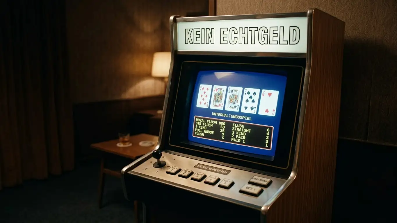Video-Poker-Automat mit offener Auszahltabelle und fünf Karten auf dem Bildschirm