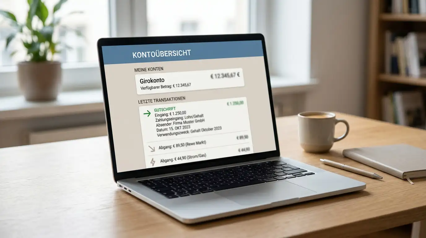Laptop mit einer Kontoübersicht, die eine eingehende Banküberweisung zeigt