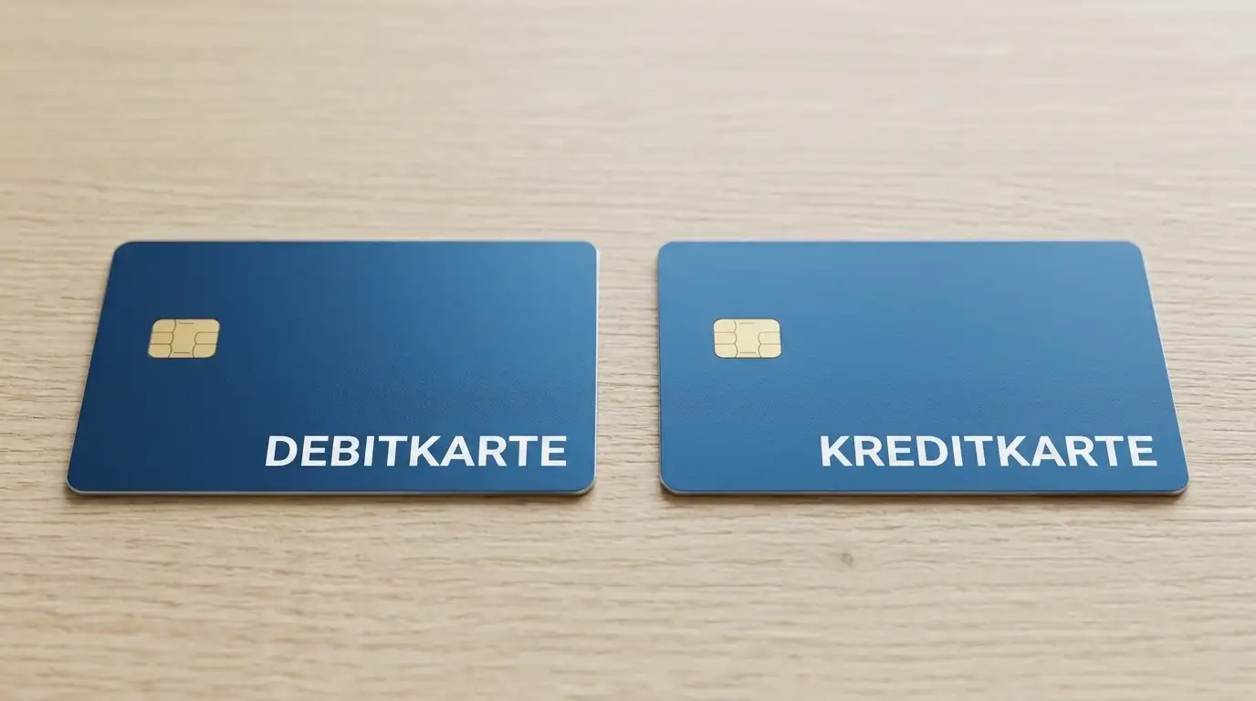 Vergleich einer Visa-Kreditkarte und einer Visa-Debitkarte auf einem Tisch