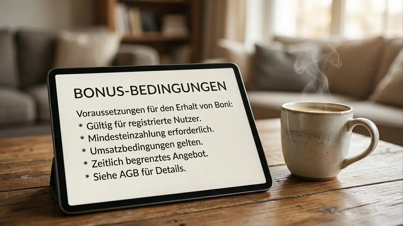 Detailansicht von Bonusbedingungen und Spielbeiträgen auf einem Bildschirm
