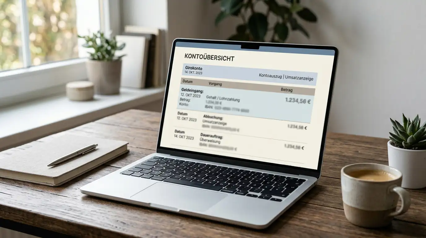 Kontoübersicht auf einem Laptop mit einer eingehenden Banküberweisung