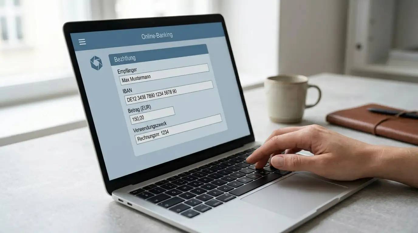 Laptop mit geöffneter Online-Banking-Anmeldung für eine kontobasierte Zahlung