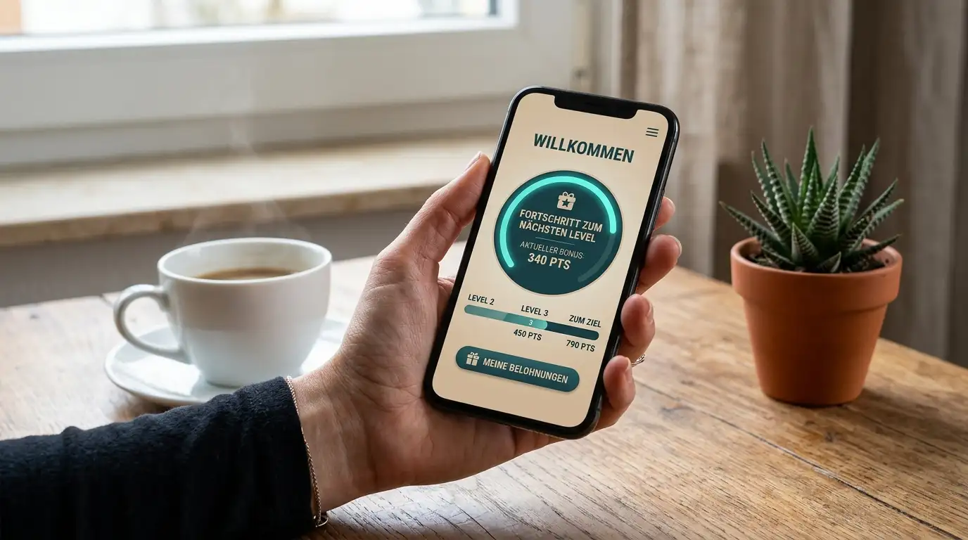Mobile Casino-Oberfläche mit Fortschrittsrad und Belohnungsmechanik auf einem Smartphone