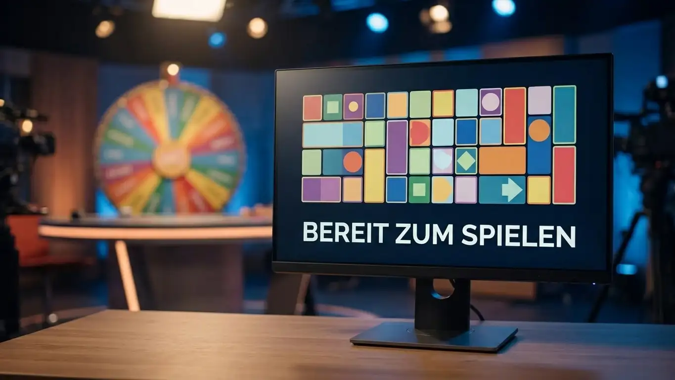 Großer Bildschirm mit stilisierten Spielkacheln und einem Live-Studio-Tisch im Hintergrund