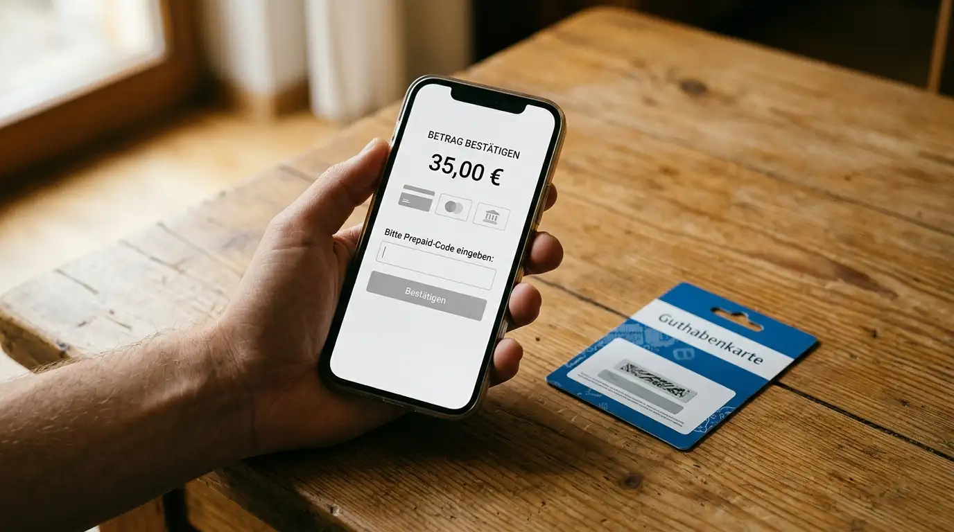 Smartphone mit geöffneter Bezahlseite und ein Prepaid-Gutschein für die Einzahlung im Online-Casino