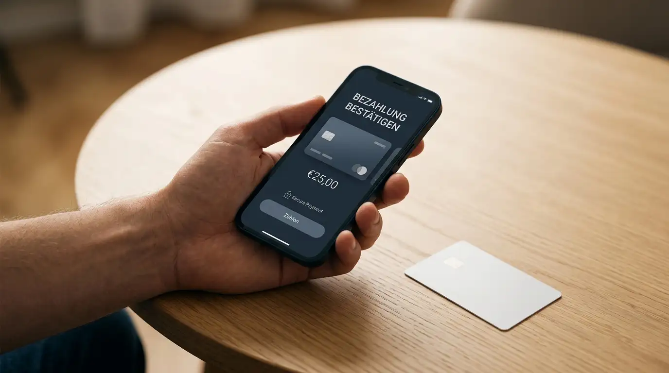 Smartphone mit geöffneter Bezahlseite und ein Prepaid-Gutschein für die kleine Einzahlung