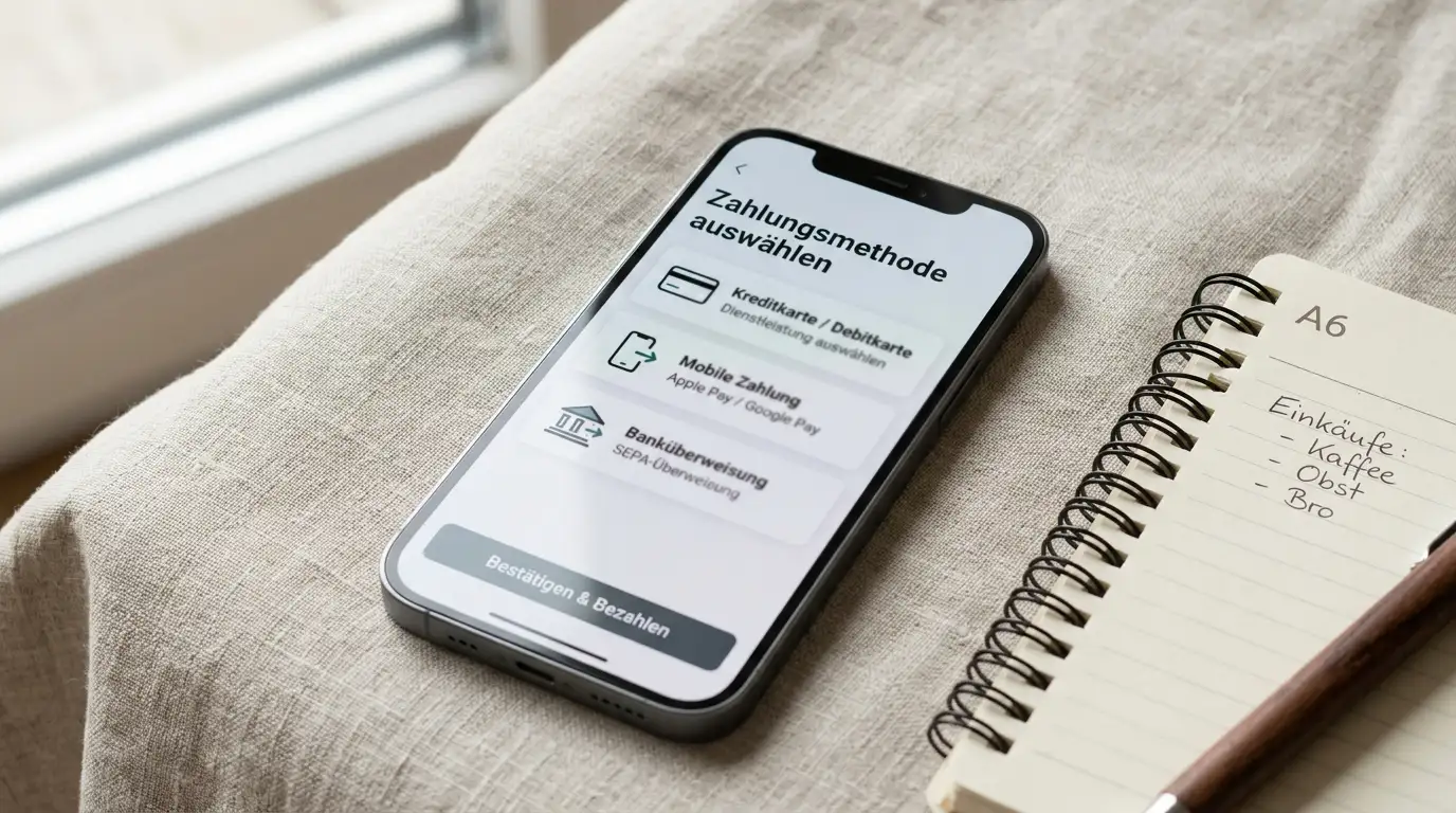 Übersicht von Zahlungsmethoden auf einem Bildschirm: Krypto-Münzen, Kreditkarte und E-Wallet-Logo