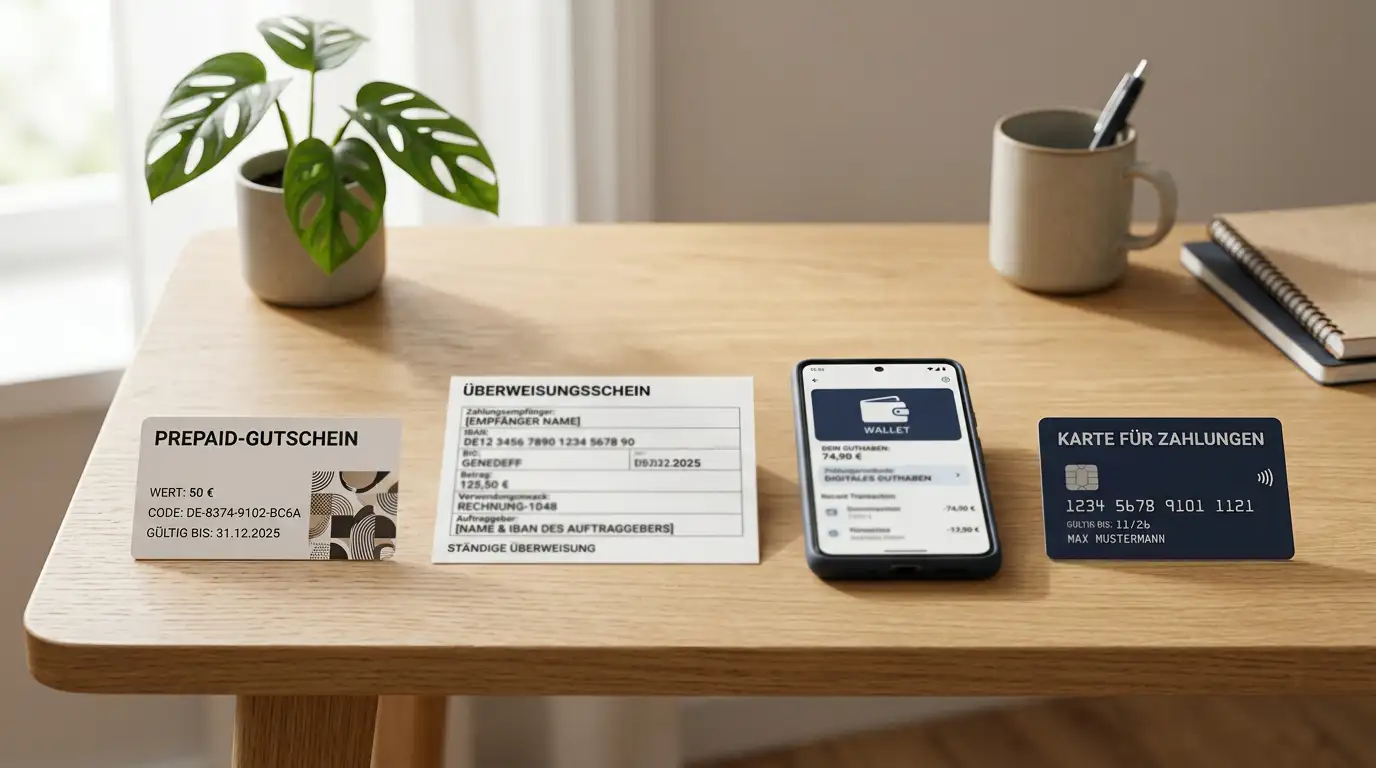 Übersicht von Prepaid-Voucher, Banküberweisung, Wallet und Kreditkarte als Kassenmittel