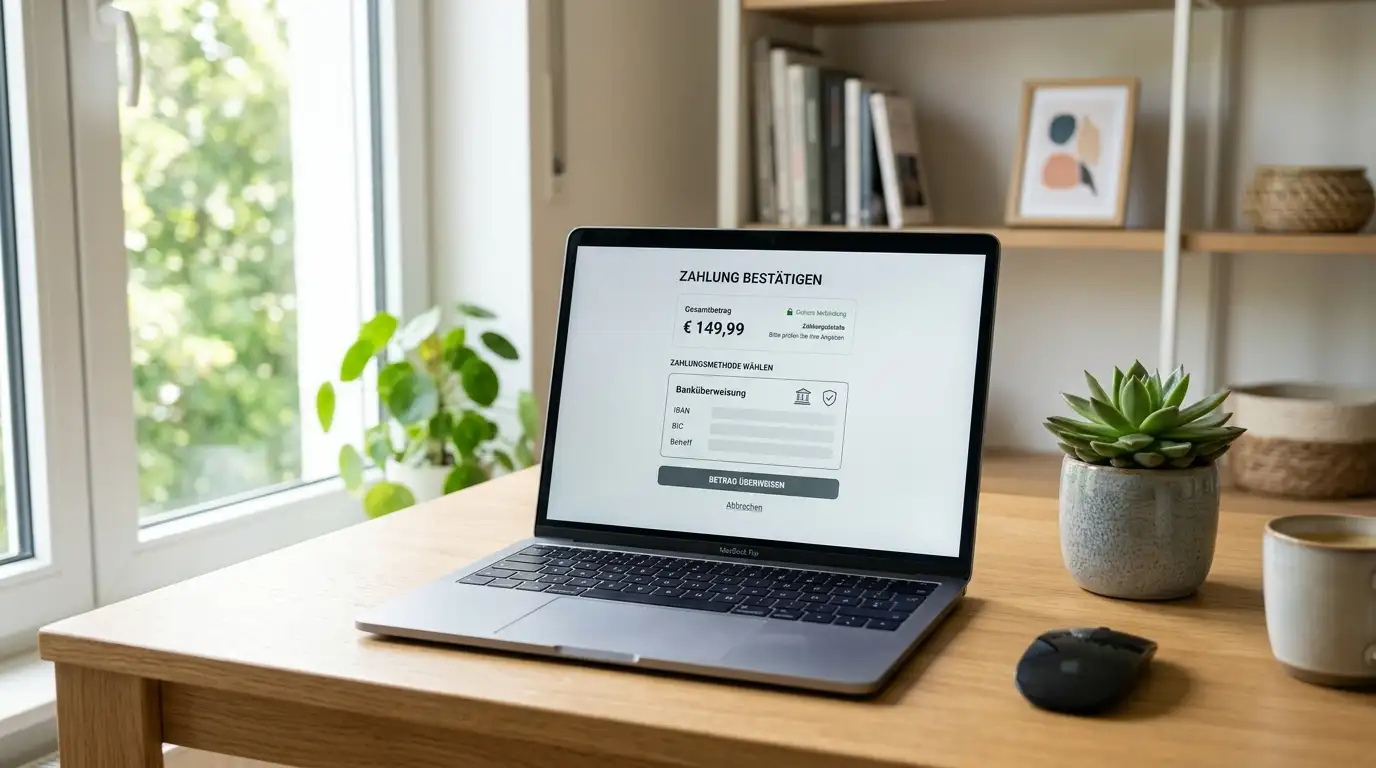 Moderne Zahlungsmethoden auf einem Laptop-Bildschirm ohne sichtbare Banklogos