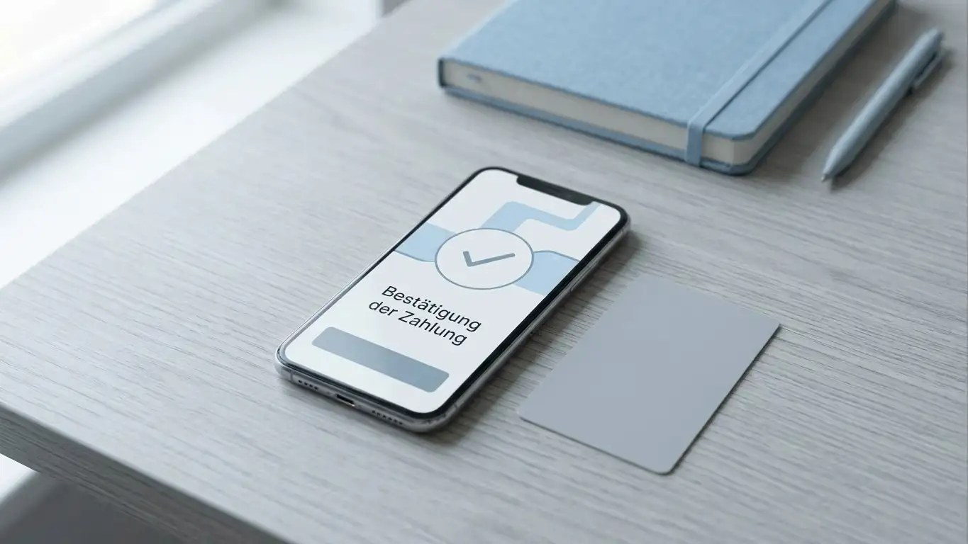 Smartphone mit neutraler Zahlungsbestätigung und eine unbedruckte Prepaid-Karte auf einem Schreibtisch