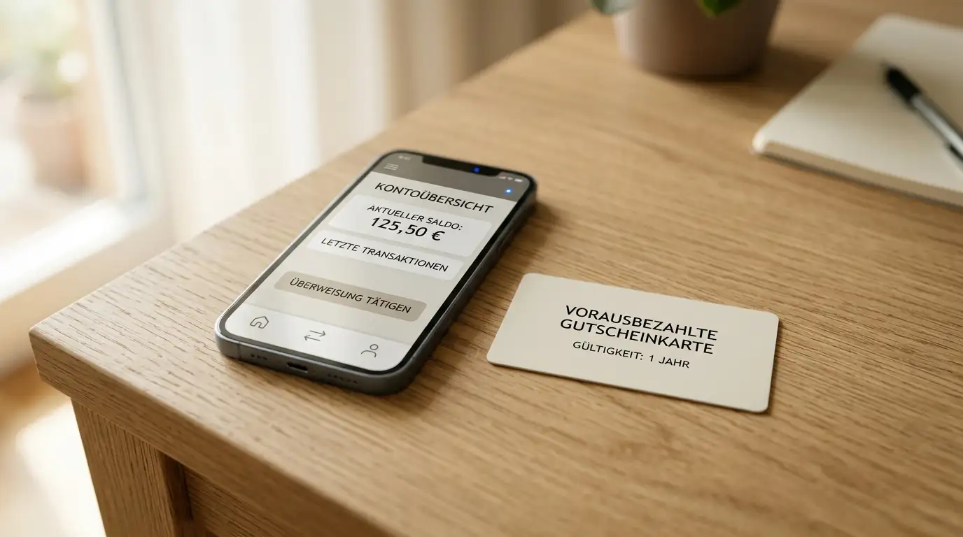 Smartphone mit geöffneter neutraler Banking-Oberfläche neben einem Prepaid-Gutschein