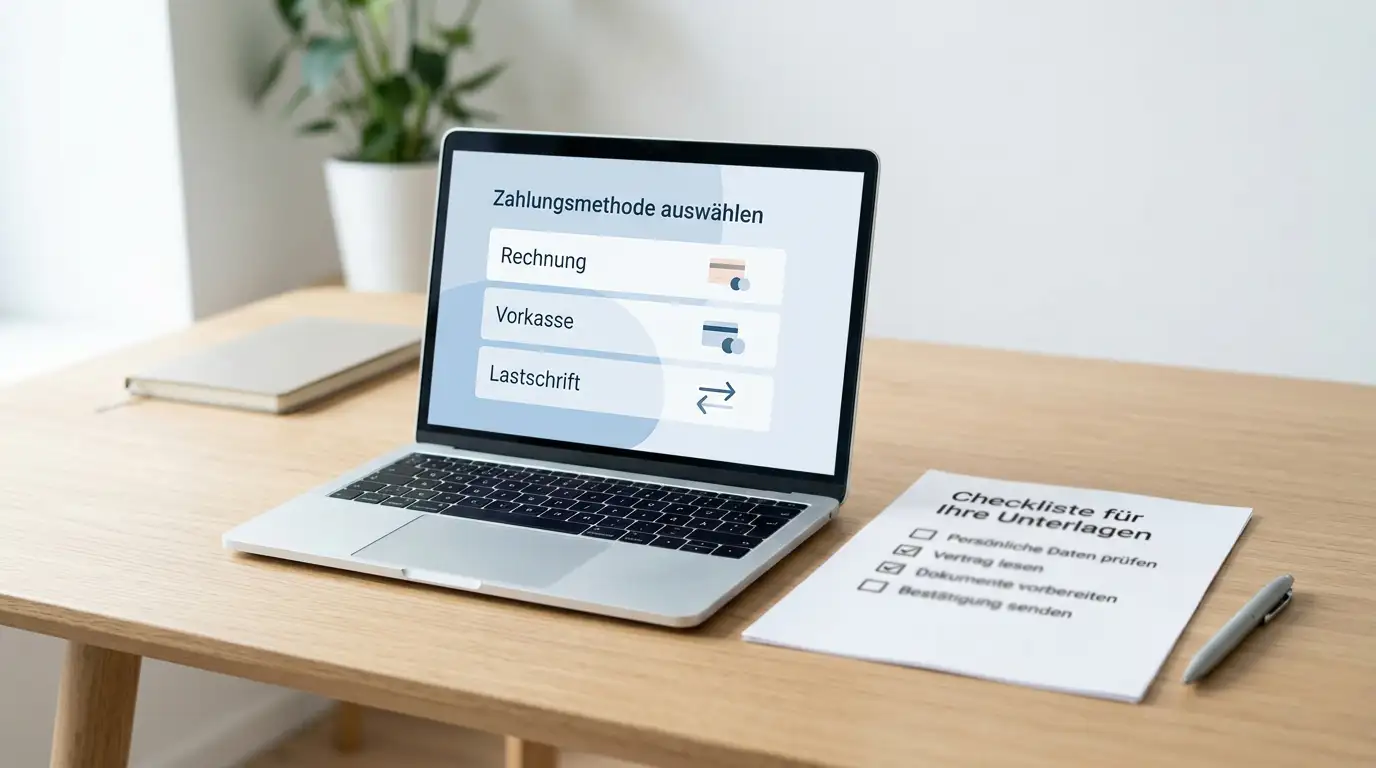 Ordentlicher Schreibtisch mit einem Laptop und verschiedenen Zahlungsmethoden-Symbolen auf einem neutralen Dokument ohne Logos oder Markennamen
