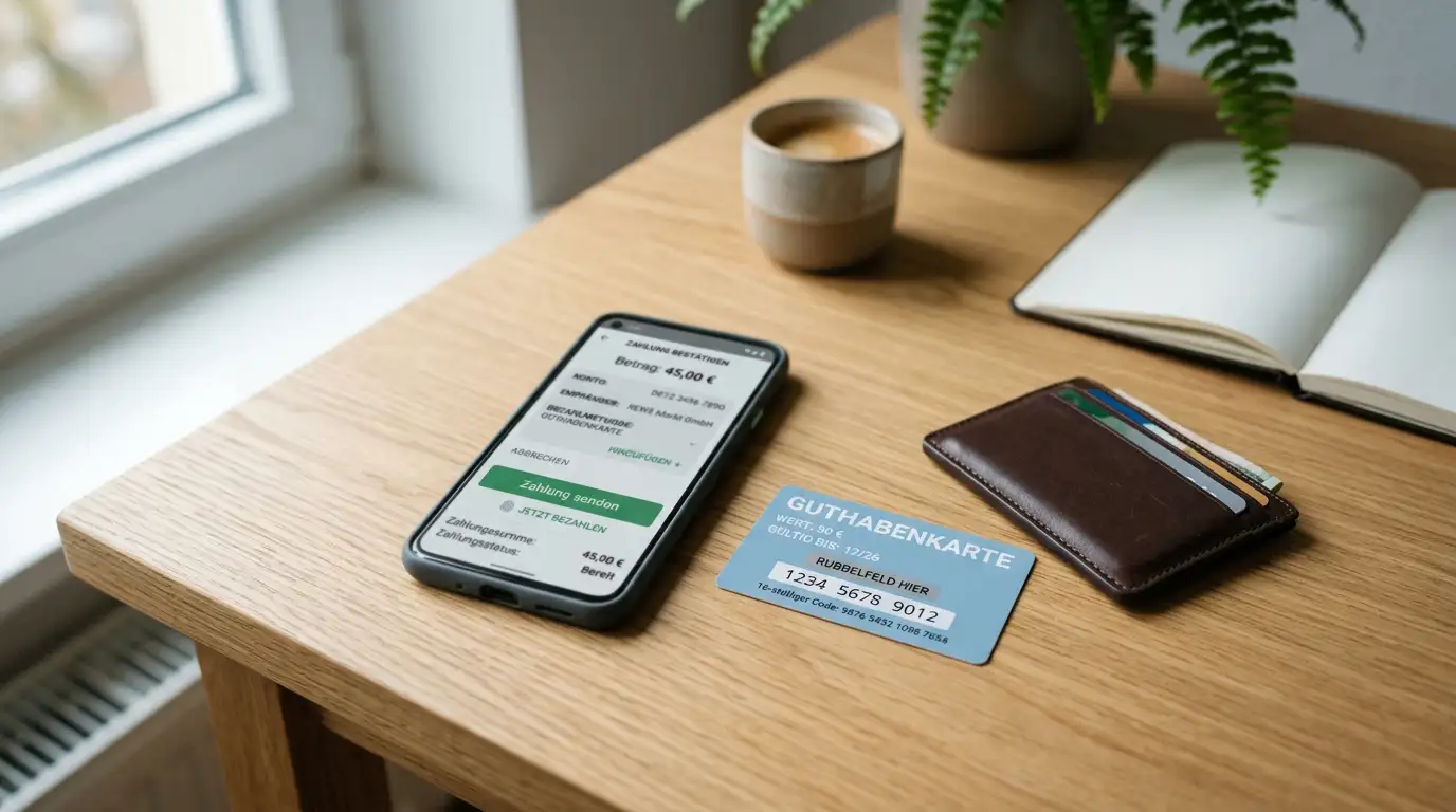 Smartphone mit neutraler Bezahl-App neben einer Prepaid-Wertkarte ohne Markenlogo