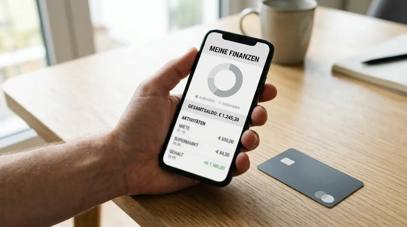 Smartphone mit neutraler Banking-App und Prepaid-Karte ohne Aufdruck