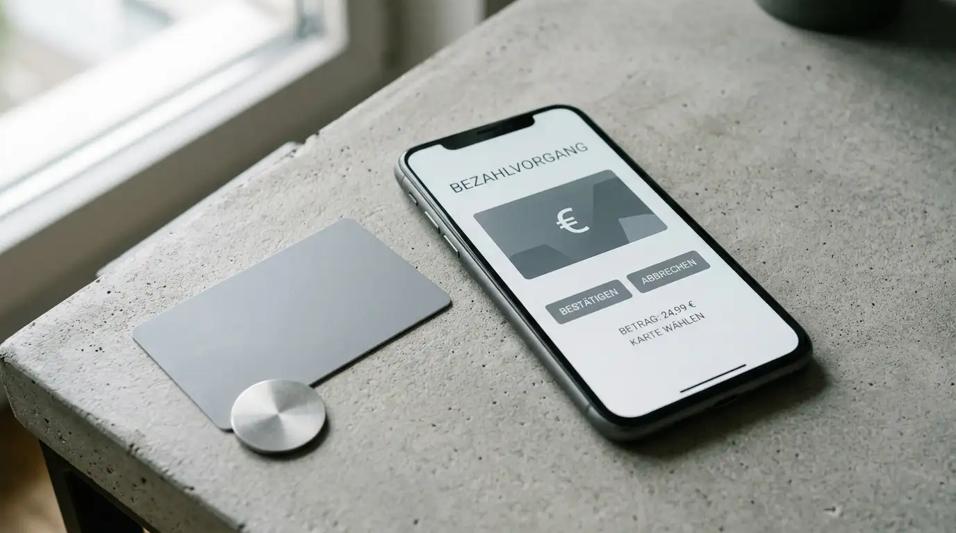 Smartphone mit neutraler Zahlungsoberfläche neben einer Prepaid-Karte ohne Aufdruck