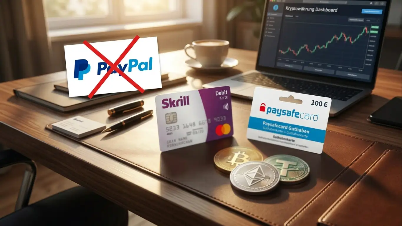 Zahlungsmethoden-Icons PayPal durchgestrichen, Skrill und Paysafecard aktiv, Krypto-Symbole