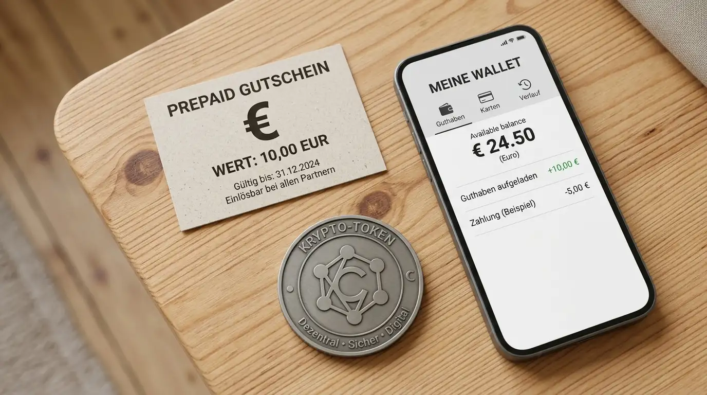 Tisch mit Prepaid-Coupon, Smartphone mit E-Wallet-App und Krypto-Münzen als stilisierte Symbole