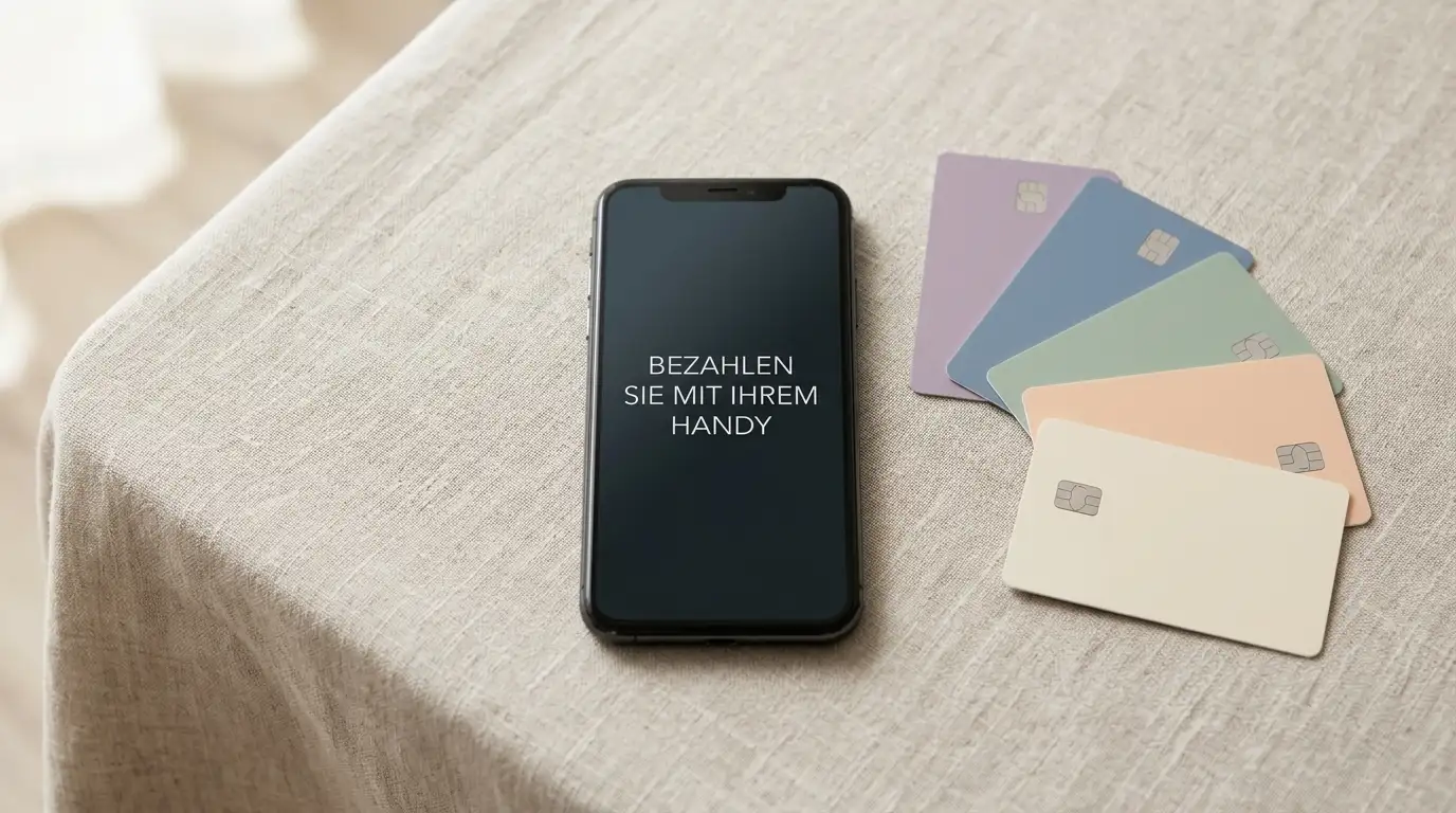 Wallet-Symbole und Smartphone als Sinnbild für mobile Einzahlung