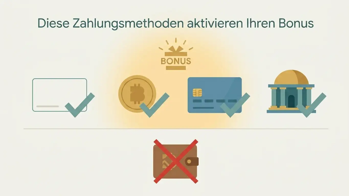 Verschiedene Einzahlungswege, von denen einige den Bonus auslösen und einer durchgestrichen daneben steht