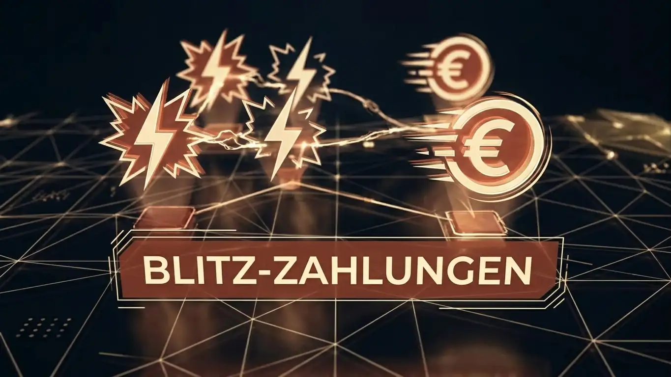 Futuristische holografische Darstellung von Lightning Network und Instant SEPA Logos über digitalem Zahlungsnetzwerk mit Verbindungslinien